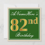 [ Thumbnail: Elegant, Green, Faux Gold 82nd Birthday + Name Invitation ]