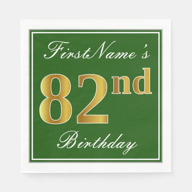 Elegant Green, Faux Gold 82nd Birthday + Name Paper Napkins (Front)