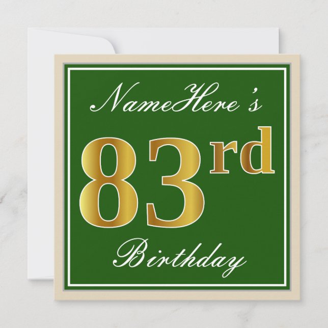 Elegant, Green, Faux Gold 83rd Birthday + Name Invitation (Front)