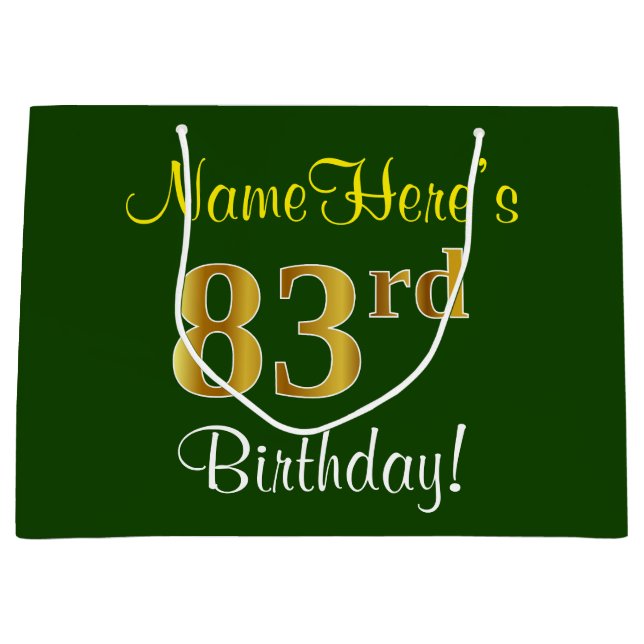 Elegant, Green, Faux Gold 83rd Birthday + Name Large Gift Bag (Front)