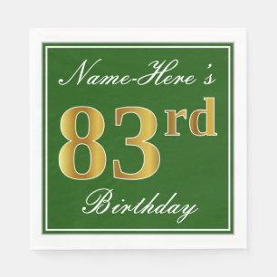 Elegant Green, Faux Gold 83rd Birthday + Name Paper Napkins