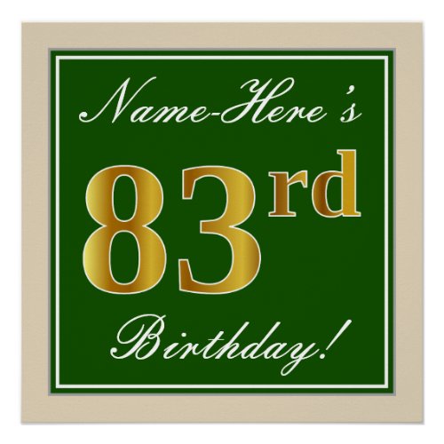 Elegant Green Faux Gold 83rd Birthday  Name Poster