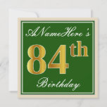 [ Thumbnail: Elegant, Green, Faux Gold 84th Birthday + Name Invitation ]