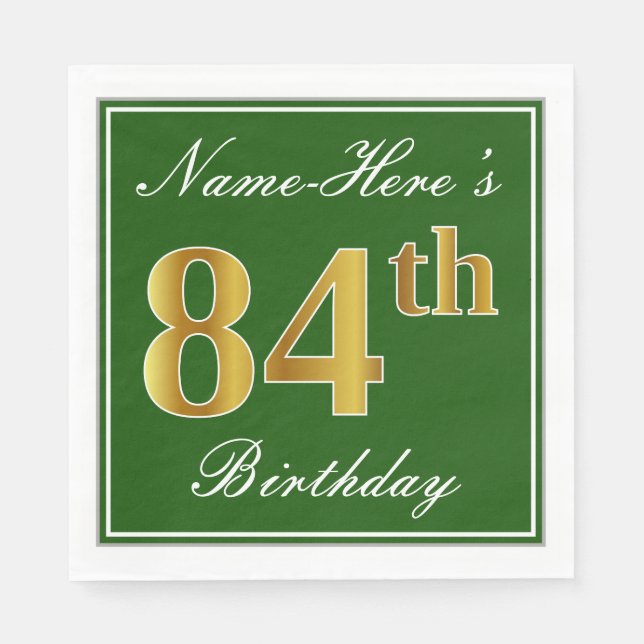 Elegant Green, Faux Gold 84th Birthday + Name Napkins (Front)