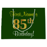 [ Thumbnail: Elegant, Green, Faux Gold 85th Birthday + Name Gift Bag ]