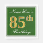 [ Thumbnail: Elegant Green, Faux Gold 85th Birthday + Name Napkins ]
