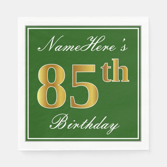 Elegant Green, Faux Gold 85th Birthday + Name Paper Napkins (Front)