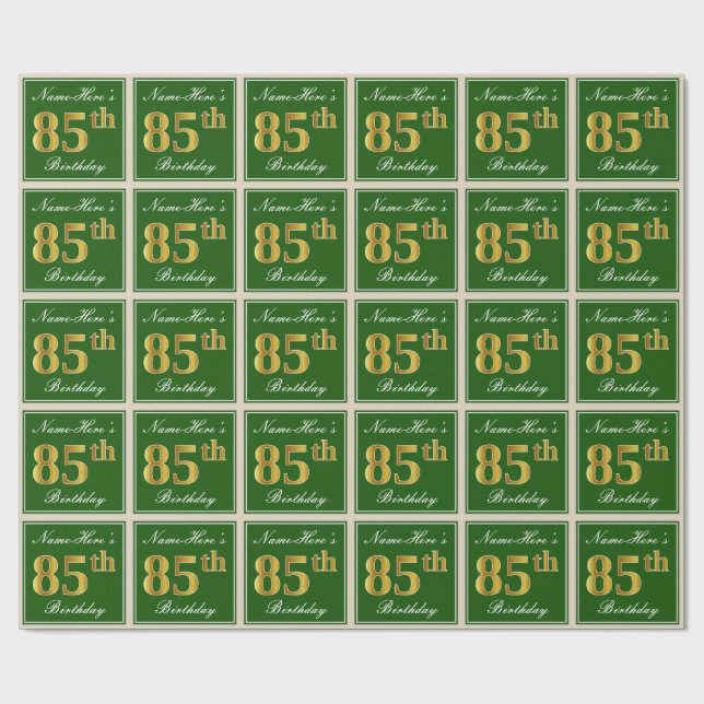 Elegant, Green, Faux Gold 85th Birthday + Name Wrapping Paper (Flat)