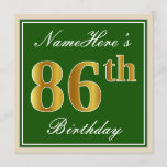 [ Thumbnail: Elegant, Green, Faux Gold 86th Birthday + Name Invitation ]