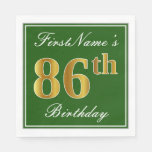 [ Thumbnail: Elegant Green, Faux Gold 86th Birthday + Name Napkins ]