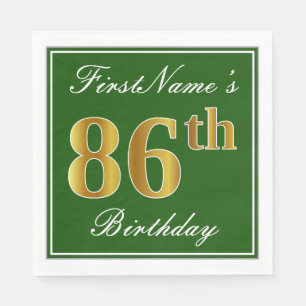 Elegant Green, Faux Gold 86th Birthday + Name Paper Napkins