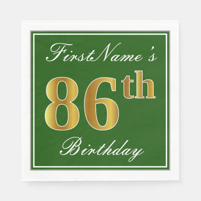 Elegant Green, Faux Gold 86th Birthday + Name Paper Napkins (Front)