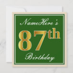 [ Thumbnail: Elegant, Green, Faux Gold 87th Birthday + Name Invitation ]