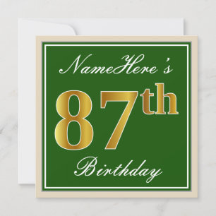 Elegant, Green, Faux Gold 87th Birthday + Name Invitation