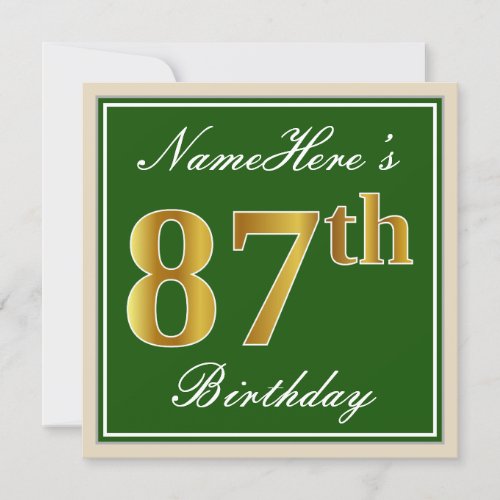 Elegant Green Faux Gold 87th Birthday  Name Invitation