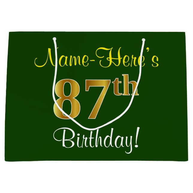 Elegant, Green, Faux Gold 87th Birthday + Name Large Gift Bag (Front)