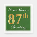 [ Thumbnail: Elegant Green, Faux Gold 87th Birthday + Name Napkins ]