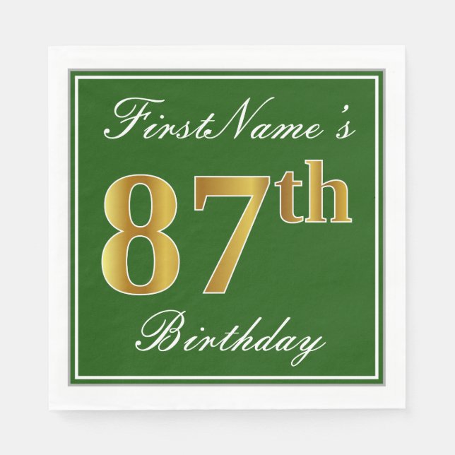 Elegant Green, Faux Gold 87th Birthday + Name Napkins (Front)