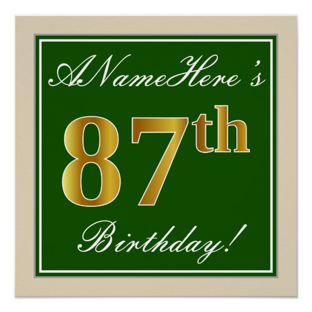 Elegant, Green, Faux Gold 87th Birthday + Name Poster (Front)