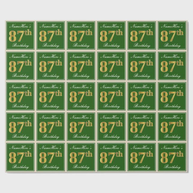 Elegant, Green, Faux Gold 87th Birthday + Name Wrapping Paper (Flat)
