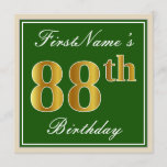 [ Thumbnail: Elegant, Green, Faux Gold 88th Birthday + Name Invitation ]
