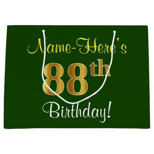 Elegant, Green, Faux Gold 88th Birthday + Name Large Gift Bag (Front)