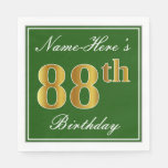 [ Thumbnail: Elegant Green, Faux Gold 88th Birthday + Name Napkins ]