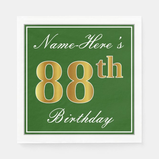 Elegant Green, Faux Gold 88th Birthday + Name Paper Napkins (Front)