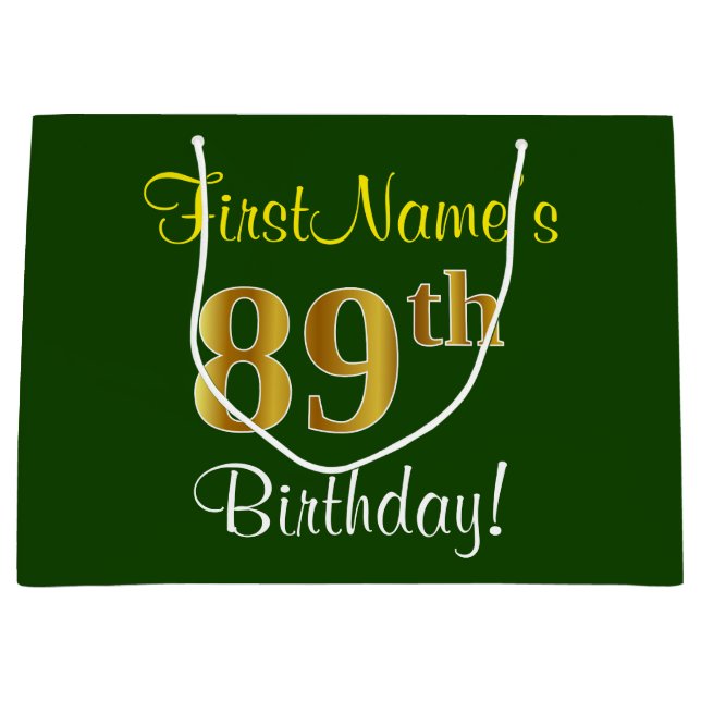 Elegant, Green, Faux Gold 89th Birthday + Name Large Gift Bag (Front)