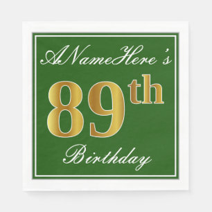 Elegant Green, Faux Gold 89th Birthday + Name Paper Napkins