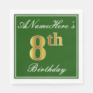 Elegant Green, Faux Gold 8th Birthday; Custom Name Paper Napkins