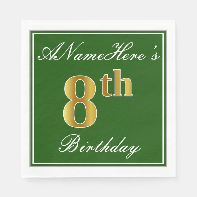 Elegant Green, Faux Gold 8th Birthday; Custom Name Paper Napkins (Front)