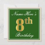 [ Thumbnail: Elegant, Green, Faux Gold 8th Birthday + Name Invitation ]