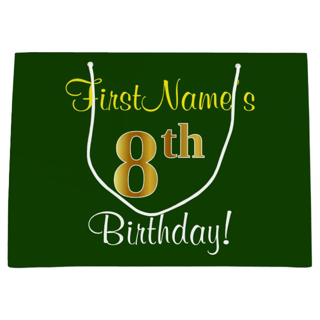 Elegant, Green, Faux Gold 8th Birthday + Name Large Gift Bag (Front)