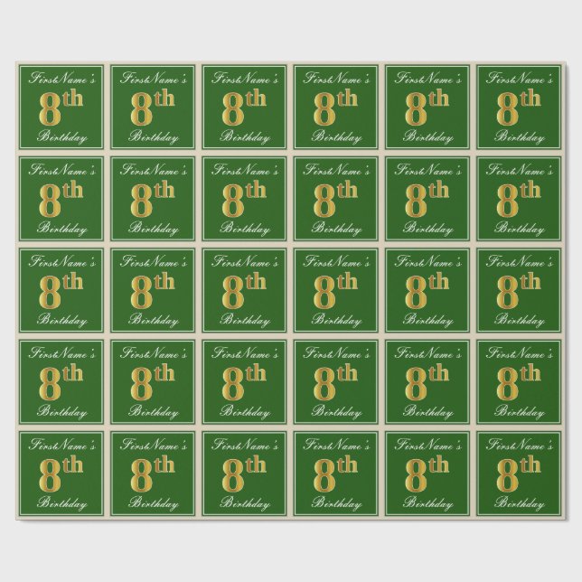 Elegant, Green, Faux Gold 8th Birthday + Name Wrapping Paper (Flat)
