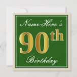 [ Thumbnail: Elegant, Green, Faux Gold 90th Birthday + Name Invitation ]