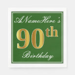 [ Thumbnail: Elegant Green, Faux Gold 90th Birthday + Name Napkins ]