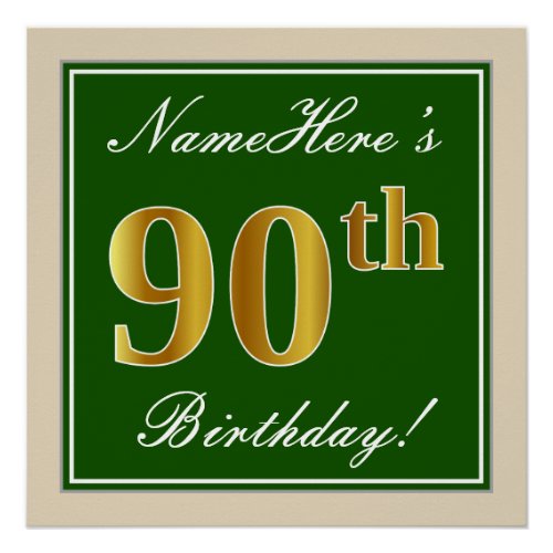 Elegant Green Faux Gold 90th Birthday  Name Poster