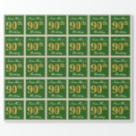 [ Thumbnail: Elegant, Green, Faux Gold 90th Birthday + Name Wrapping Paper ]