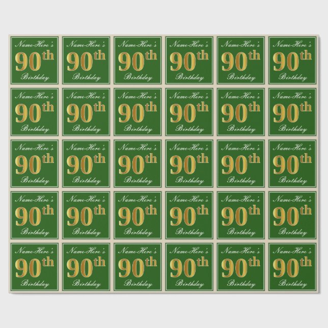 Elegant, Green, Faux Gold 90th Birthday + Name Wrapping Paper (Flat)
