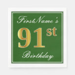 [ Thumbnail: Elegant Green, Faux Gold 91st Birthday + Name Napkins ]
