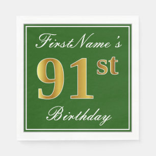 Elegant Green, Faux Gold 91st Birthday + Name Paper Napkins