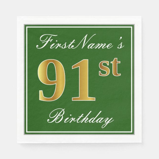 Elegant Green, Faux Gold 91st Birthday + Name Paper Napkins (Front)