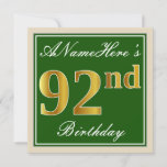 [ Thumbnail: Elegant, Green, Faux Gold 92nd Birthday + Name Invitation ]