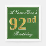 [ Thumbnail: Elegant Green, Faux Gold 92nd Birthday + Name Napkins ]
