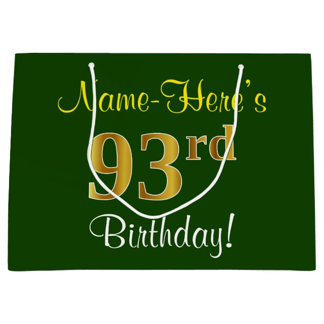 Elegant, Green, Faux Gold 93rd Birthday + Name Large Gift Bag (Front)
