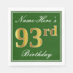 [ Thumbnail: Elegant Green, Faux Gold 93rd Birthday + Name Napkins ]