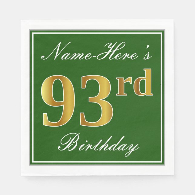 Elegant Green, Faux Gold 93rd Birthday + Name Paper Napkins (Front)