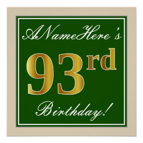 Elegant Green Faux Gold 93rd Birthday  Name Poster