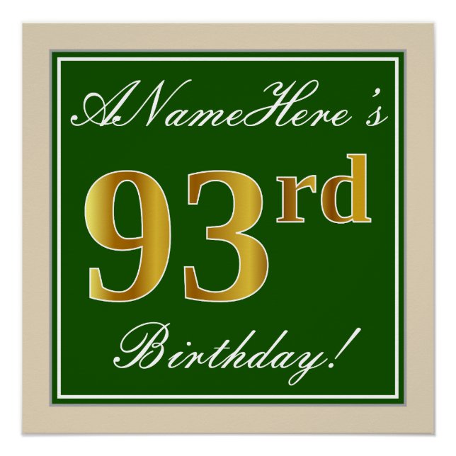 Elegant, Green, Faux Gold 93rd Birthday + Name Poster (Front)